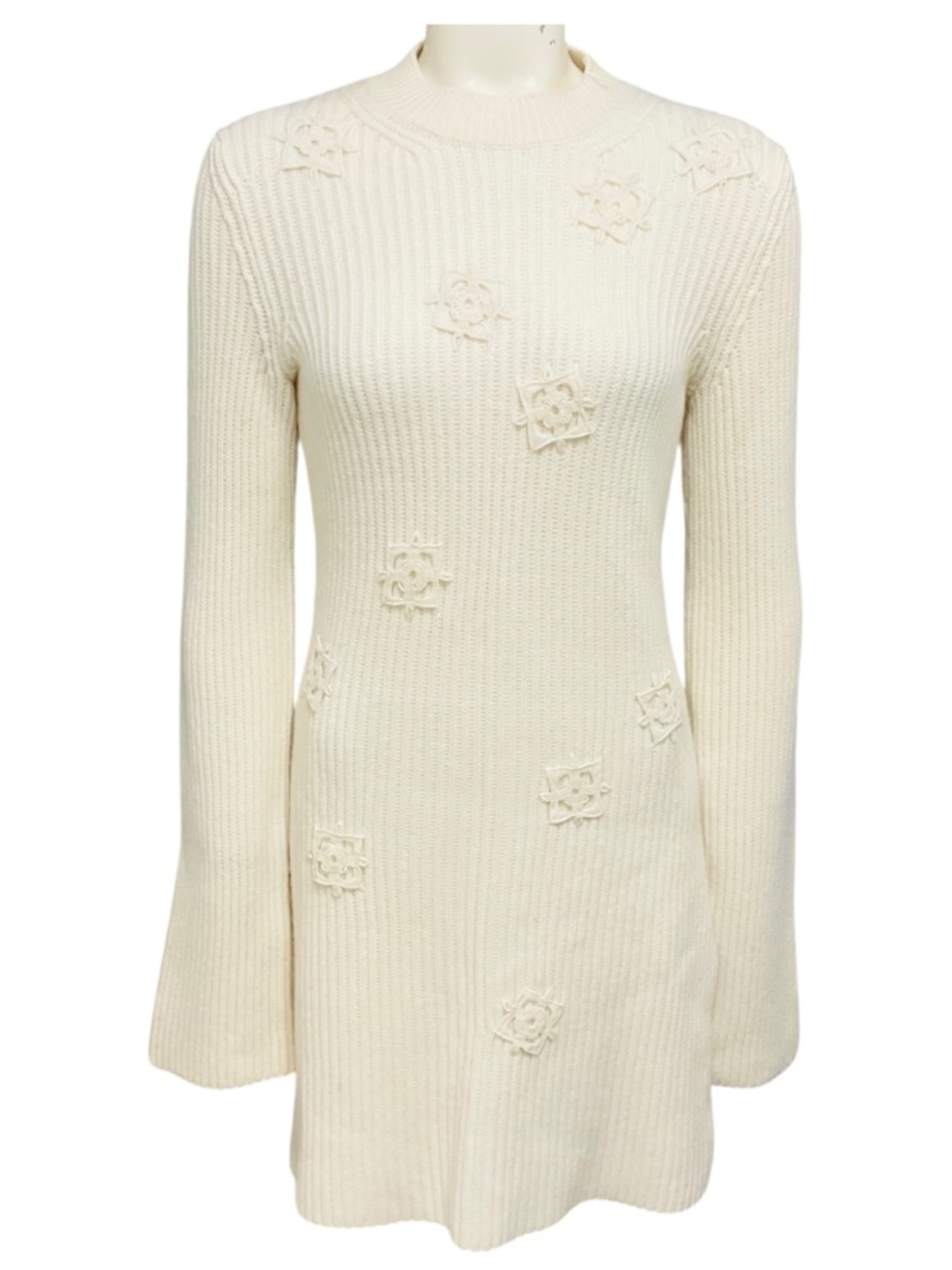 GABRIELA HEARST IVORY EMBROIDERED LONG SLEEVED CASHMERE KNIT DRESS